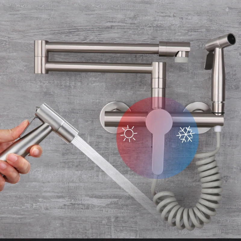 KEMAIDI Pot Filler Faucet Wall Mount Folding Faucet 2 Handle with Double Joint Swing Arms Brass Commercial Kitchen Faucets