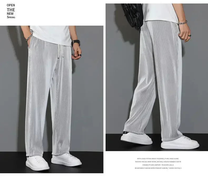 Summer Loose Ice Silk Pants Men's Drape 100KG Size Long Pants Fat Casual Sports Pants Wide Leg Straight Pants Tide Brand