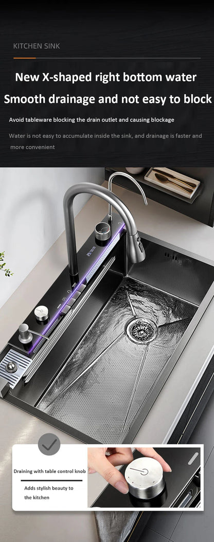 Kitchen Basin Stainless Steel Waterfall Sink Large Single Slot Integrated Digital Display Faucet Set Soap Dispenser Cup Washer