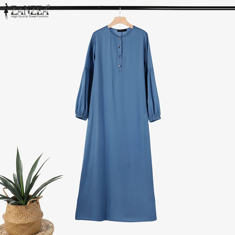 ZANZEA Muslim Women's Maxi Dress Islamic Hijab O Neck Half-Button Denim Blue Abaya Holiday Lantern Sleeve Loose Casual Vestidos.