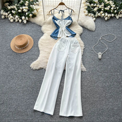 Denim Two Piece Sets Women Jeans Suit Lace Y2k Top Wide Leg Pants Zipper Lace Up Patchwork Trousers Outfits Ensemble Summer 2025.