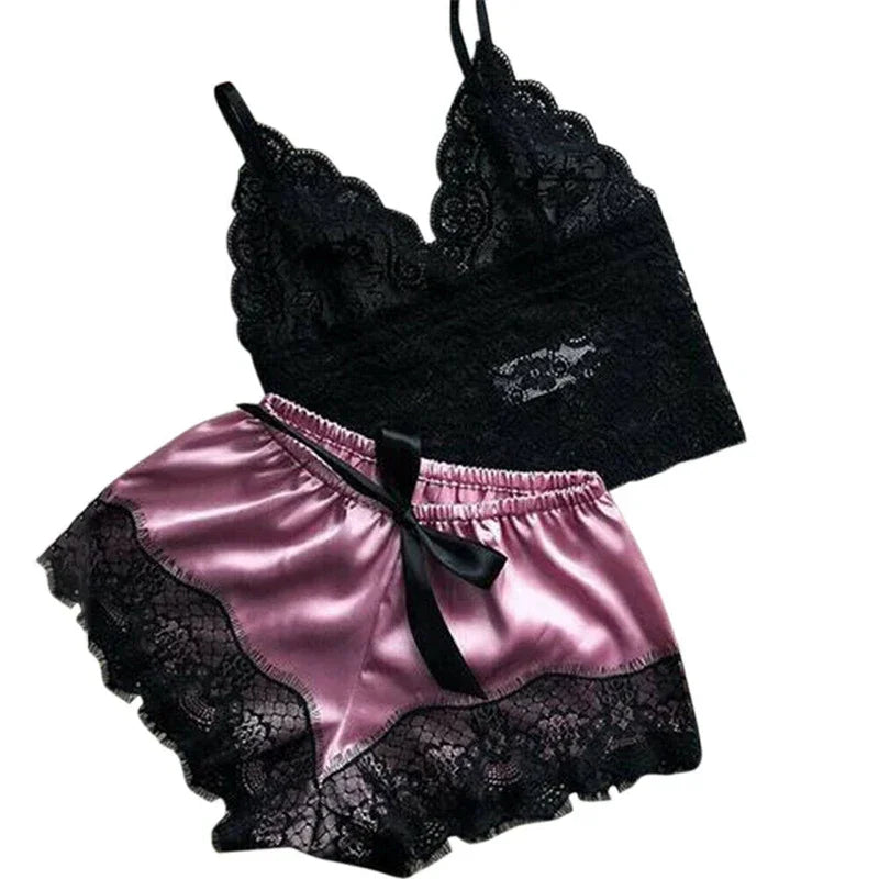 Damen sexy Spitze Nachtwäsche Spitze Nachthemd Dessous ärmellose V-Ausschnitt Babydoll Pyjamas Set Dessous Tops Shorts Set Nachtwäsche.