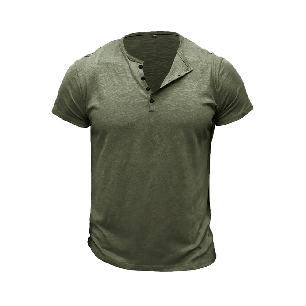 Summer Men's Cotton T-shirt Short-sleeve Henley Collar Casual Solid Color Button Tees Polo High Quality Male Cozy T-shirts.