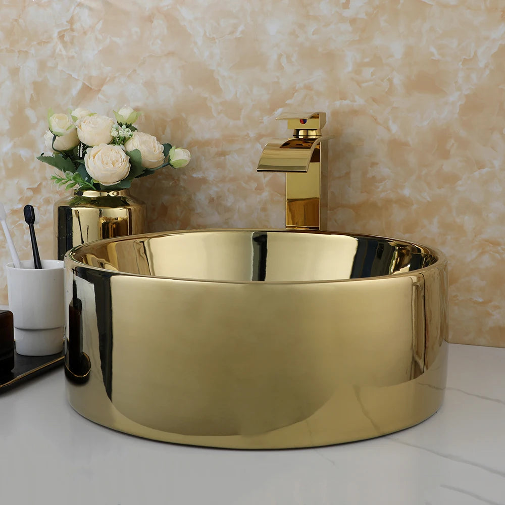 Kemaidi 14.6 ''Gold rundes Gefäß Waschbecken mit Wasserhahn Keramik Gefäß Waschbecken Waschbecken über Theke Gefäß Waschbecken