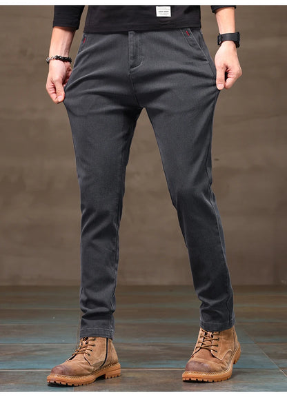 Men's Business Casual Pants Stretch Slim Fit Straight Semi-elastic Waist Trousers Solid Classic Office Work Male Clothing.