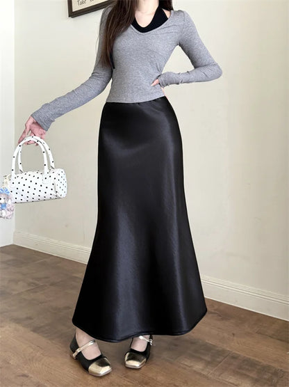 High Waist Women's Fleece-Lined Thickened Elegant Long Skirt Satin Mermaid Skirt Elegant Drapey Bodycon Skirt For Autumn Winter
