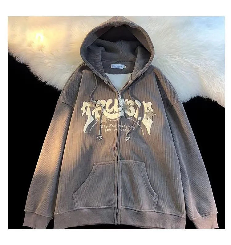 Plus Größe XL-3XL Cord Stickerei Lose Hoodies Frauen Frühling Herbst Lange Sleeve Zipper Kapuze Hemd Harajuku Y2K Sweatshirt.
