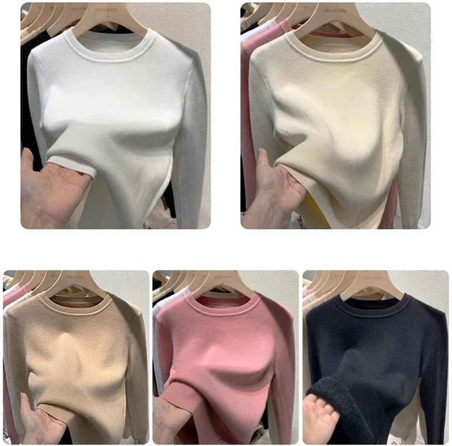 Rosa Pullover Frauen Winter Dicke Warme Stricken Pullover Schlank Plüsch Samt Gefüttert Strickwaren Jumper Langarm Tops Oansatz Poleras Mujer.