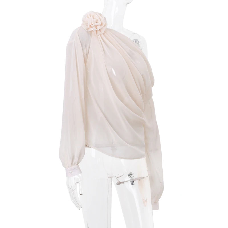 WhereMery Sexy Irregular Oblique-neck Flower Applique T Shirt Summer Off Shoulder Fashion Long Sleeve Crop Tops Street Mesh Tees.