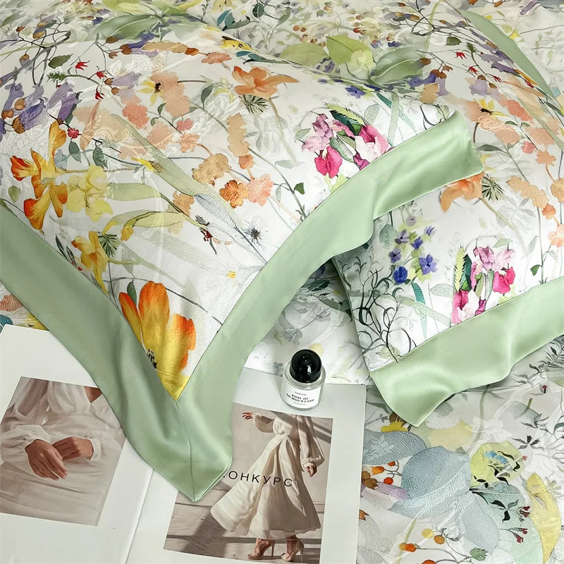 Flowers Prints Bedding Set Lyocell Eucalyptus Fiber Super Soft Silky Cool Feeling Duvet Cover Bed Sheet/Fitted Sheet Pillowcases.