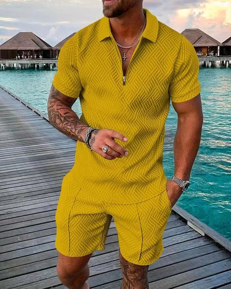 Casual Mesh Lapel short-sleeved Pullover + Shorts Solid Thin Sportswear set, Black suit, men's Sportswear T-shirt Set.