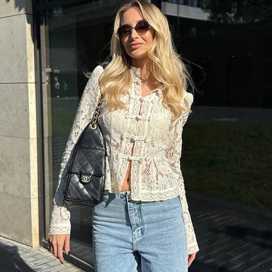 Tuularose Luxury Lace Blouse Fashion Lace Print Single Breasted Slim Shirt Vintage Elegant Party Looks Summer Women Blouse Tops.