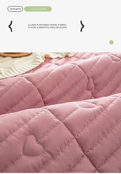 Washed cotton quilted thicken mattress pink romance heart sleeping mat 150cm bed sheet bed protection pad queen king size.