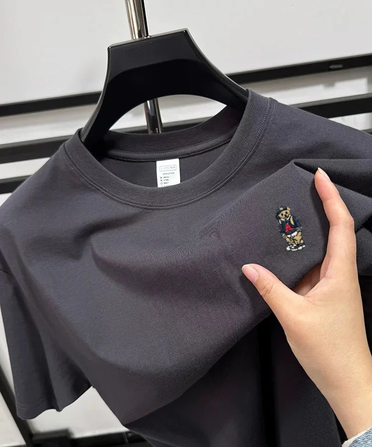 Light luxury 100% cotton men's T-shirt short sleeve round neck skin friendly comfort fashion brand cartoon bear embroidered top