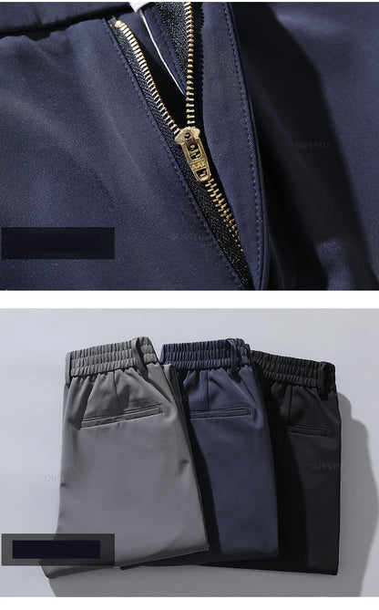 Autumn Winter Casual Pants Men Thick Business Stretch Slim Elastic Waist Jogger Korean Classic Black Gray Blue Trouser Male