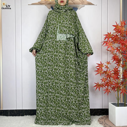 New Muslim Long Sleeved Cotton For Women Ramadan Prayer Turkey Middle East Femme Robe Floral Loose African Abaya Dress Scarfs