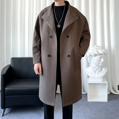 Korean Trend Men's Lapel coat Loose  Casual Double-breasted Overcoat Autumn Winter Fashion New Long Sleeve Woolen Coat.