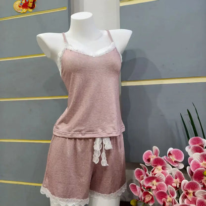 Weiches Pyjama-Set für Damen, sexy Cami-Top mit Spitzenbesatz und Shorts, zweiteilige Nachtwäsche, Loungewear, süßer Sommer, V-Ausschnitt, lässiger Pyjama, neu und heiß.