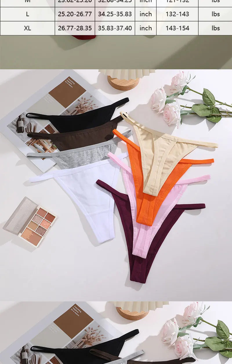 FINETOO 6PCS/Set Sexy Women Cotton G-String Underwear Low Waist Panties Girl T-back Panty Soft Thin Strap Femme Thong Lingerie.