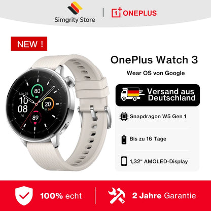 OnePlus Watch 3 43mm Smartwatch 1.32 inches AMOLED  Display Snapdragon W5 Gen 1,7 days Battery Bluetooth 5.2 NFC Google Wallet,SpO2,Sleep Blood Oxygen,Heart rate tracking,100+ original watch faces and Google play.