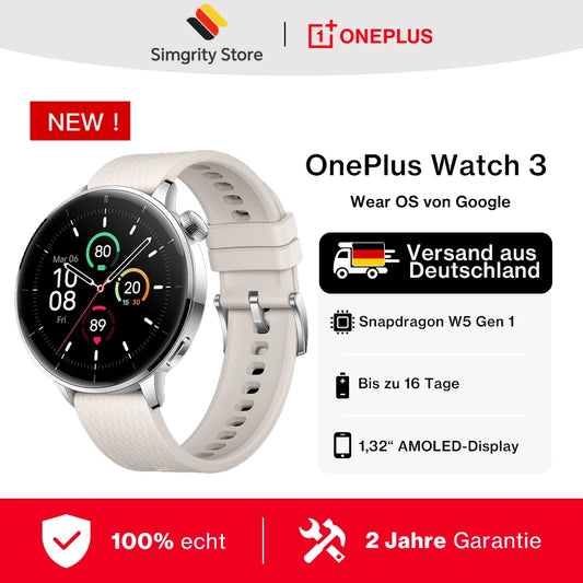 OnePlus Watch 3 43mm Smartwatch 1.32 inches AMOLED  Display Snapdragon W5 Gen 1,7 days Battery Bluetooth 5.2 NFC Google Wallet,SpO2,Sleep Blood Oxygen,Heart rate tracking,100+ original watch faces and Google play.