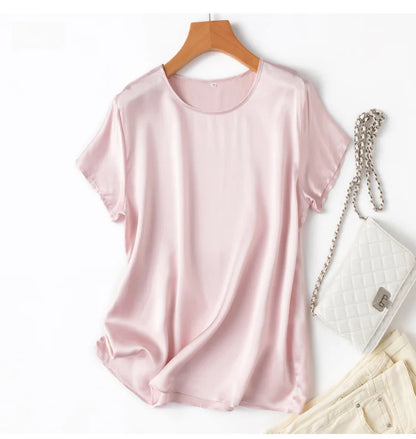 Women 100% Mulberry Silk 19 Momme half sleeve Crew Neck Top Shirt Blouse T-shirt More Colors M L XL MM4270