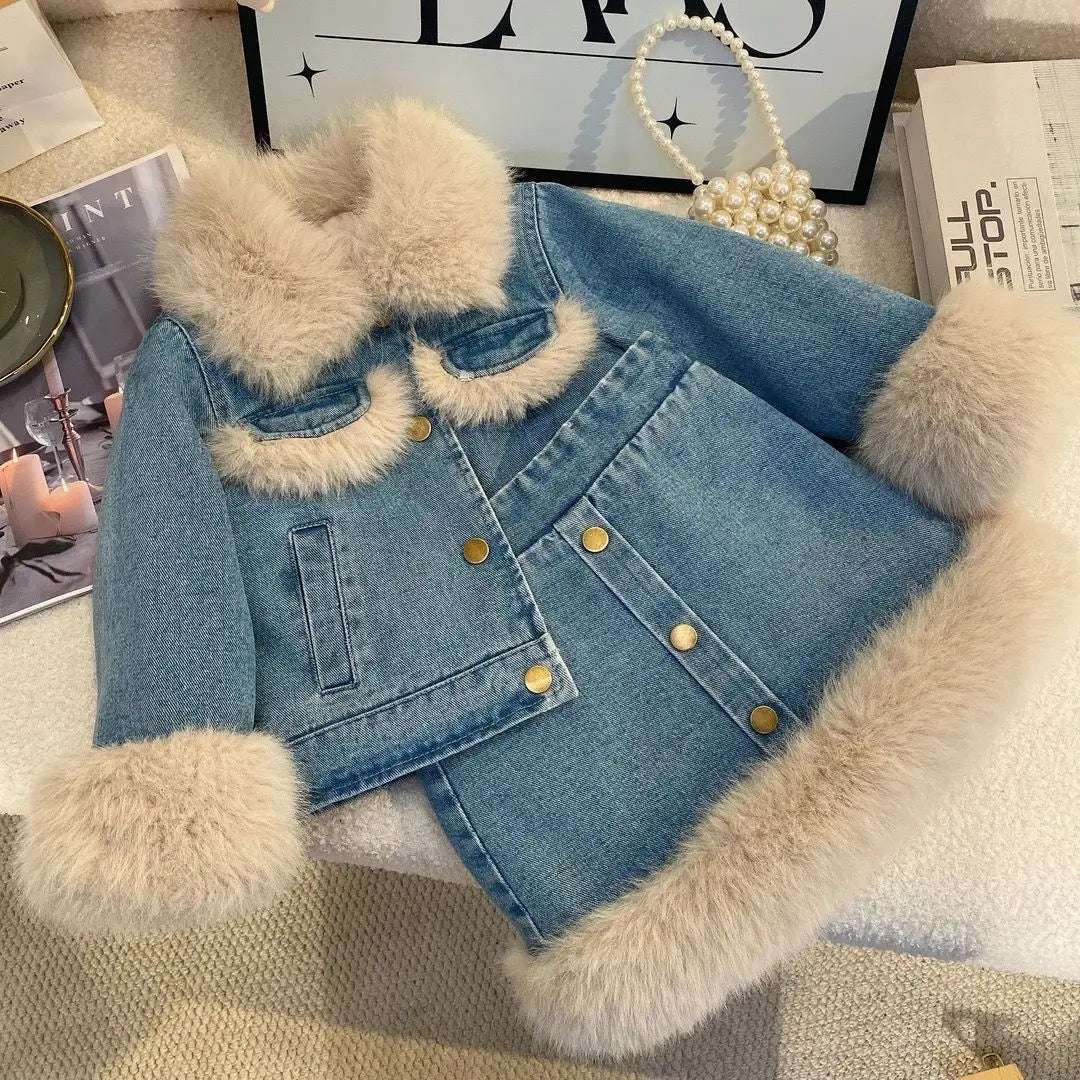 Children's Sets Girls' Fleece-Lined Denim Set Korean Winter Jacket & Skirt 2-Piece Thickened Outfit for Toddlers.