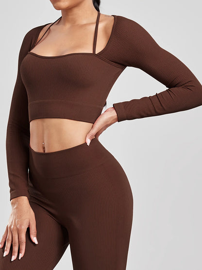 Women Screw Thread Small Sling Long Sleeve Fitness Crop Top Running Slim Fit Comfortable Sports Yoga Casual Fashion Tops.