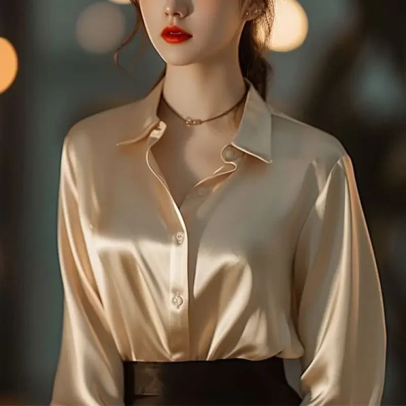 Spring Autumn New Women's Solid Color Polo-Neck Button Elegant Loose Long Sleeve Versatile Commuter French Unique Shirt Tops.