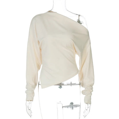 Mozision Inclined Shoulder Long Sleeve Sexy T-shirt Women Autumn Fashion Solid Skew Collar Backless Ruched Club Party T-shirts