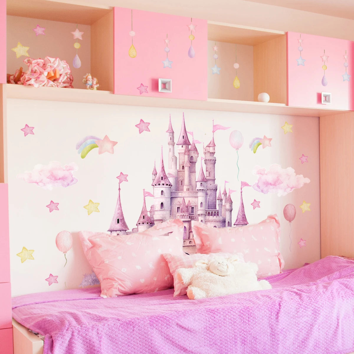 2sheet/set Pink Castle Wall Decals,  Clouds Stars Wall Stickers, Balloon Wall Decor for Kids Girls Bedroom Nursery Home.