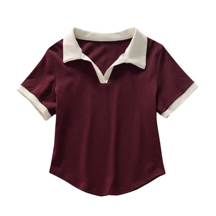Summer Short Sleeve V-Neck Polo Shirt Women's Short Style Cotton Lycra Ribbed Top Bright Color Block 220g 40 Denier.