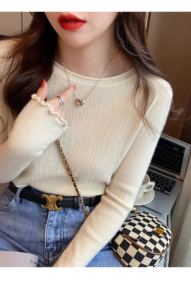 2025Oansatz Rippen Langarm Koreanische Dünne Weibliche Pullover Frauen Pullover Stricken Weiche Jumper Tops Geraffte Herbst Winter Tops.