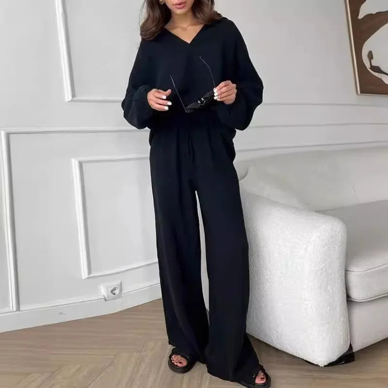 Women's Suit Solid Color Casual Loose 2025 Elegant Spring And Summer Fashion New Long-sleeved Lapel Top + Drawstring Pants Suit.