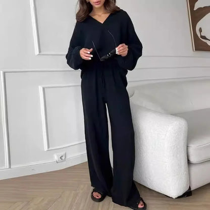 Women's Suit Solid Color Casual Loose 2025 Elegant Spring And Summer Fashion New Long-sleeved Lapel Top + Drawstring Pants Suit.