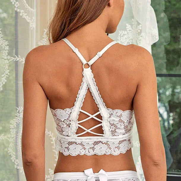 Women White Crop Tops Lace Print Camisole Sexy Hollow Backless Bra Removable Chest Pad Bralette Solid Beauty Back Tank Top.