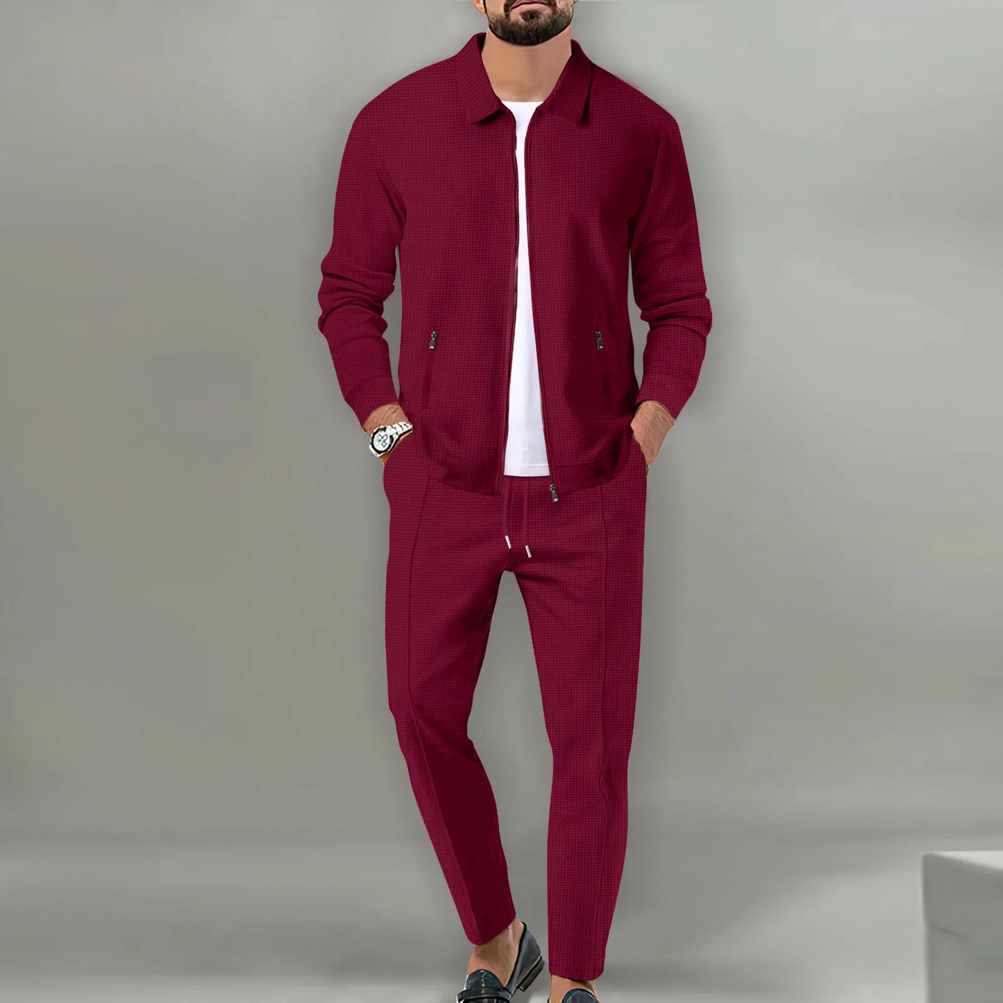 Men's Slim Fit Jacket with Zipper Pocket, Long Sleeved Sportswear, Cardigan Jacket Set, Long Pants, Elegant, two-Piece Set.