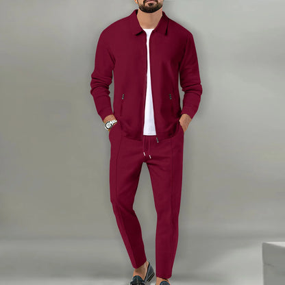 Men's Slim Fit Jacket with Zipper Pocket, Long Sleeved Sportswear, Cardigan Jacket Set, Long Pants, Elegant, two-Piece Set