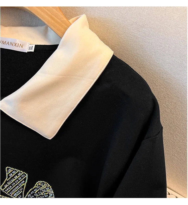 170 kg Plus Size Damen-Büste 170 Frühling Herbst Loose Diamond Collared Sweatshirt Schwarz 4XL 5XL 6XL 7XL 8XL 9XL.