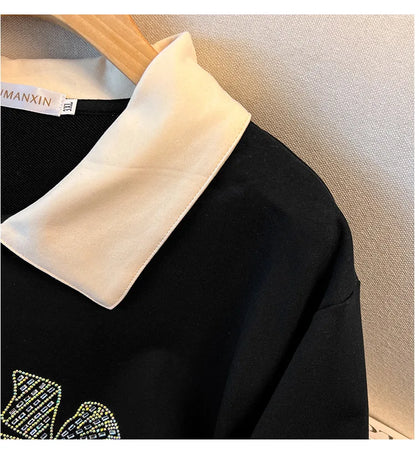 170 kg Plus Size Damen-Büste 170 Frühling Herbst Loose Diamond Collared Sweatshirt Schwarz 4XL 5XL 6XL 7XL 8XL 9XL.