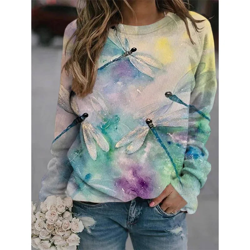 Colorful Dragonfly Hoodie Cute Rabbit 3D Print Sweatshirts Women Hoodies Streetwear Oversized Harajuku Pullovers Woman Clothing.