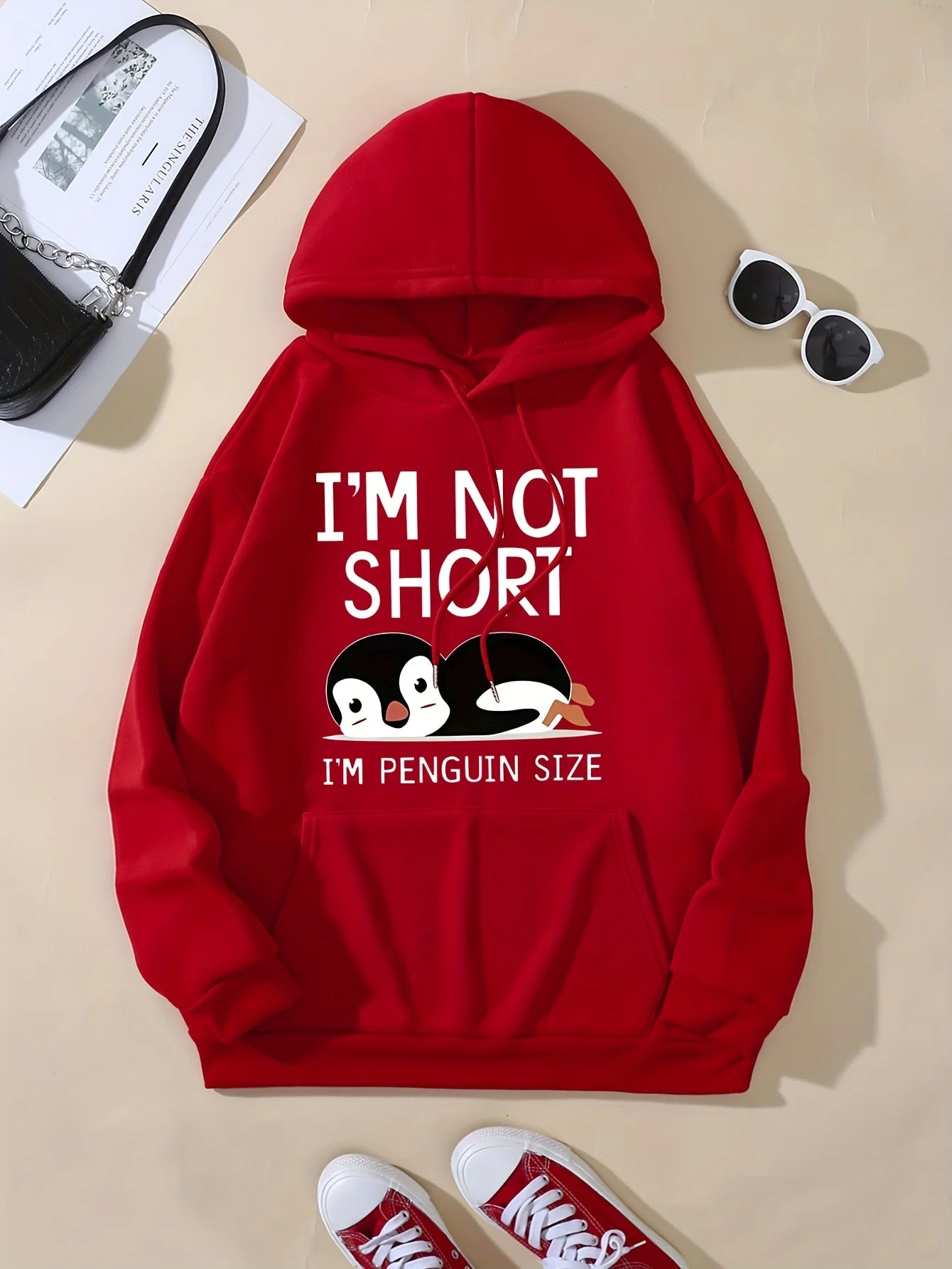 I'M Not Short ,I'M Penguin Size Funny Printing Women Hooded Fashion Cute Hoodies Basic Casual Hoody Fleece Warm O-Neck Clothes.