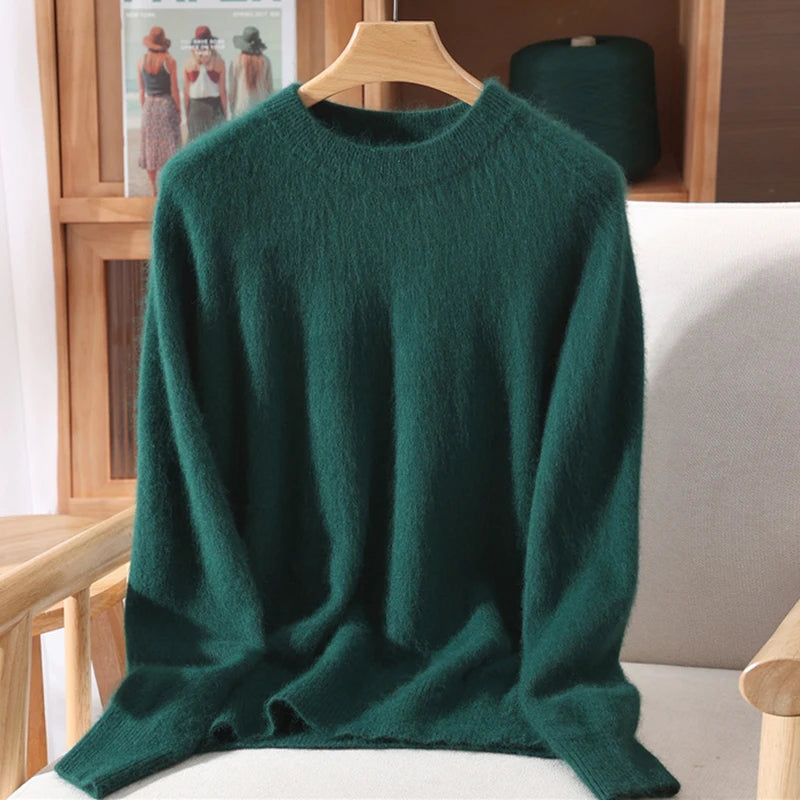 Women's Round-neck Mink Cashmere Sweater Soft Pullover Jumper Comfortable Knitted Top for Autumn Winter Pure Mink Material