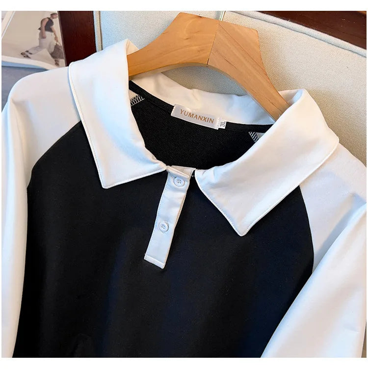 170kg plus size Damen büste Frühling Herbst loser Polo kragen kontrastieren des Sweatshirt schwarz lila 4xl 5xl 6xl 7xl 8xl 9xl