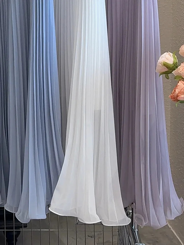 Women's Summer Elegant Pleated Elastic Waist Chiffon Long Skirt Lady High Waist A Line Streetwear Solid Color Skirt.