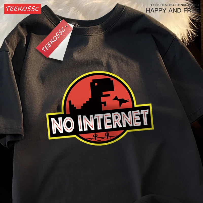 No Internet Fun Little Dinosaur Short Sleeve Mens Cartoons Cotton Tshirt Summer High Quality Clothing Fashion Oversize T-Shirts.