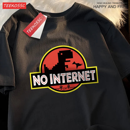 No Internet Fun Little Dinosaur Short Sleeve Mens Cartoons Cotton Tshirt Summer High Quality Clothing Fashion Oversize T-Shirts.