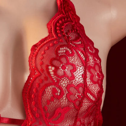 Backless Sexy Crotchless Teddy Bodysuits Lace Transparent Babydolls Nightwear Women Erotic Costume One-piece Deep V Hot Lingerie.