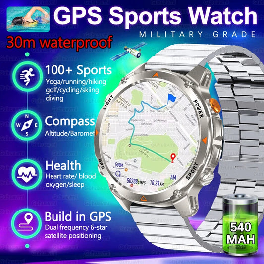 Outdoor Military GPS Smartwatch For Men Build in Dual Band GNSS Compass Altitude 3ATM Waterproof Swimming Smart Watch Women 2025.