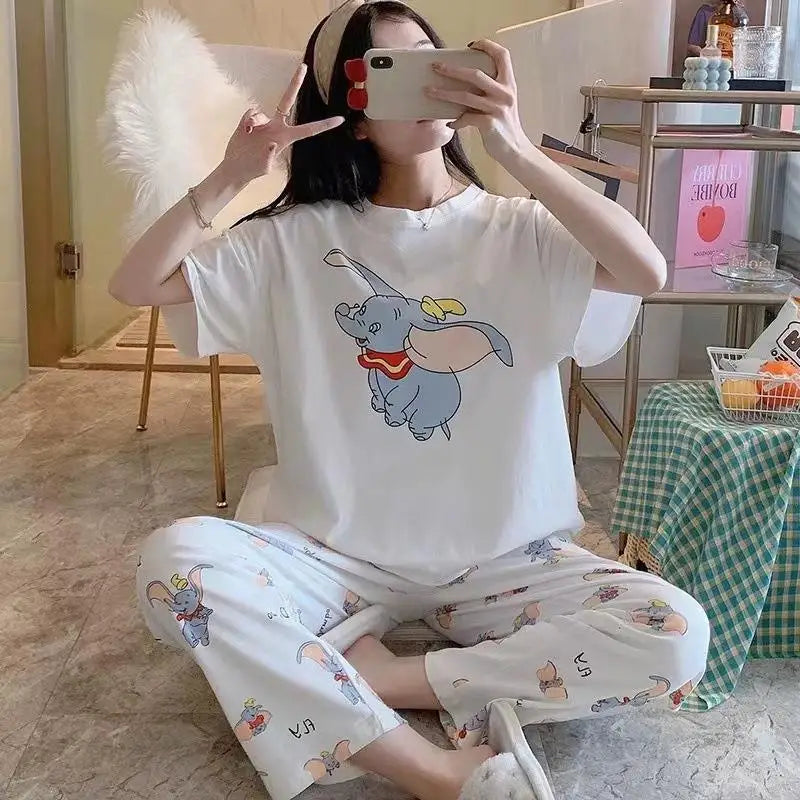 Sommer Pooh Bär Nachtwäsche frauen Lose Bequeme Cartoon Print Hause Kleidung Set Kurzarm Nachthemd Mickey Pyjama Set